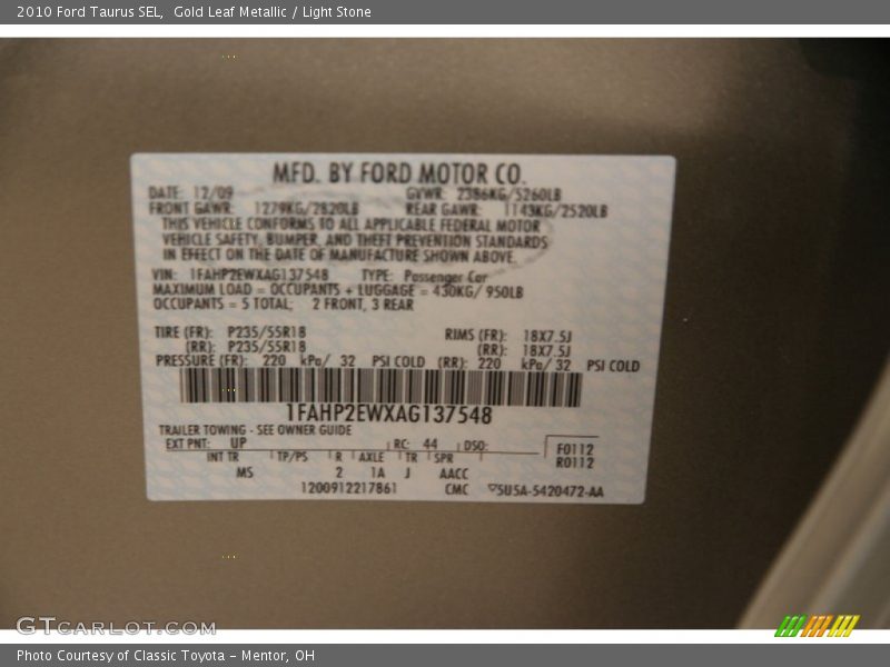 Gold Leaf Metallic / Light Stone 2010 Ford Taurus SEL