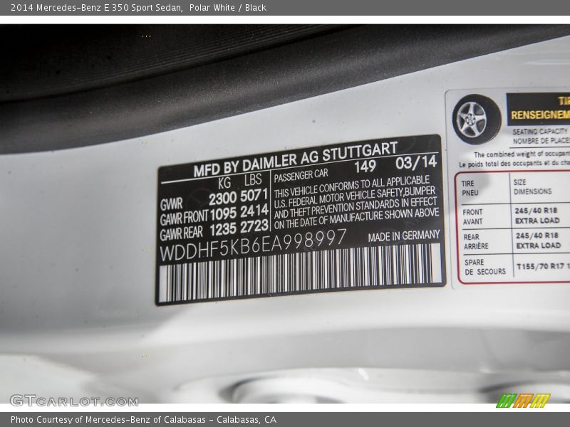 2014 E 350 Sport Sedan Polar White Color Code 149