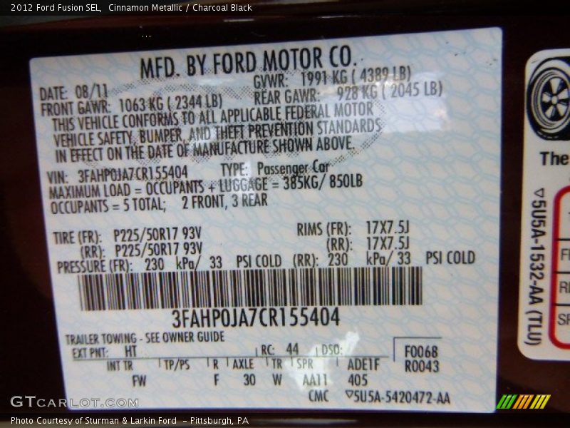 Cinnamon Metallic / Charcoal Black 2012 Ford Fusion SEL