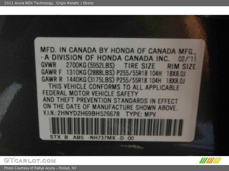 Grigio Metallic / Ebony 2011 Acura MDX Technology