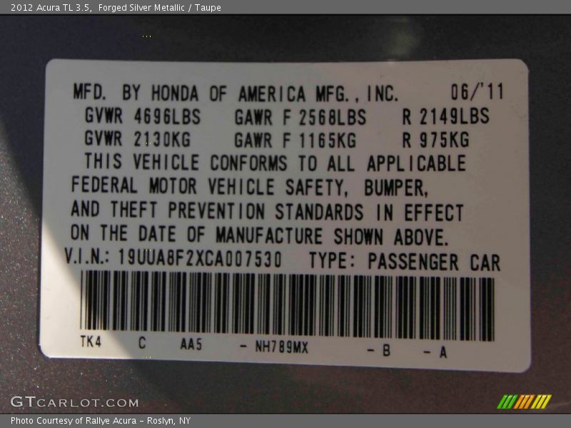 Forged Silver Metallic / Taupe 2012 Acura TL 3.5