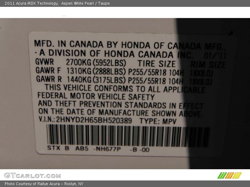 Aspen White Pearl / Taupe 2011 Acura MDX Technology