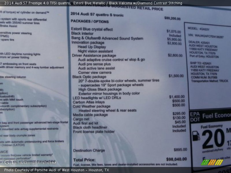  2014 S7 Prestige 4.0 TFSI quattro Window Sticker