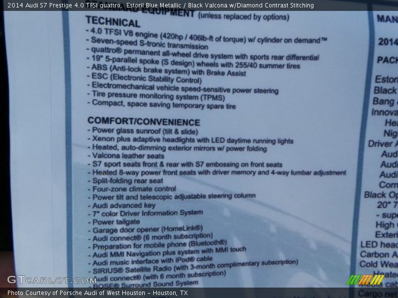  2014 S7 Prestige 4.0 TFSI quattro Window Sticker