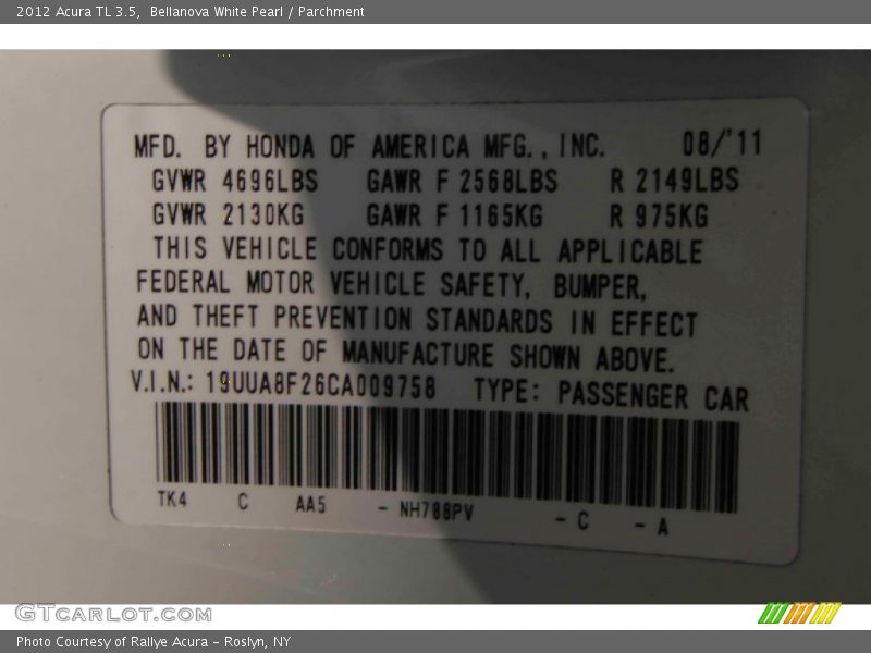 Bellanova White Pearl / Parchment 2012 Acura TL 3.5