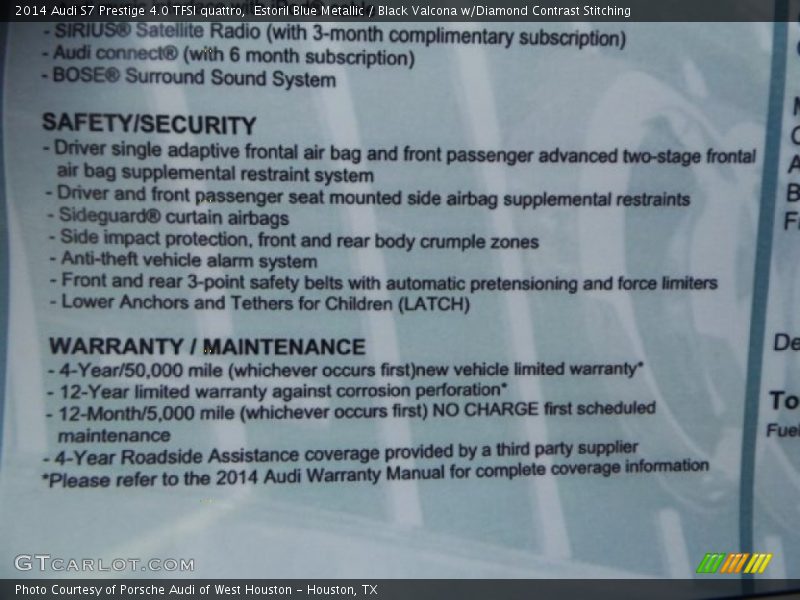 Estoril Blue Metallic / Black Valcona w/Diamond Contrast Stitching 2014 Audi S7 Prestige 4.0 TFSI quattro