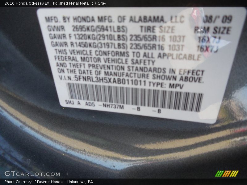 Polished Metal Metallic / Gray 2010 Honda Odyssey EX