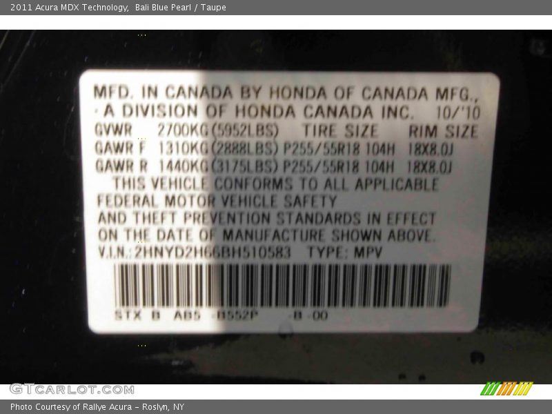 Bali Blue Pearl / Taupe 2011 Acura MDX Technology