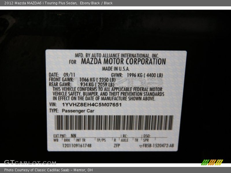 Ebony Black / Black 2012 Mazda MAZDA6 i Touring Plus Sedan