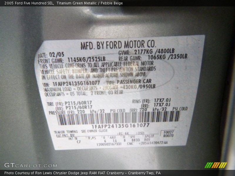 Titanium Green Metallic / Pebble Beige 2005 Ford Five Hundred SEL