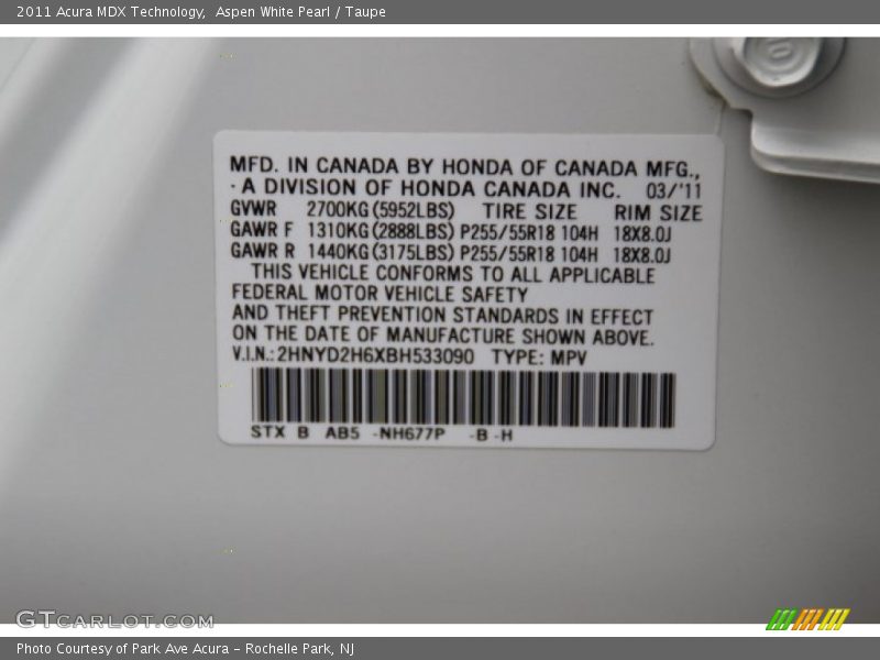 Aspen White Pearl / Taupe 2011 Acura MDX Technology
