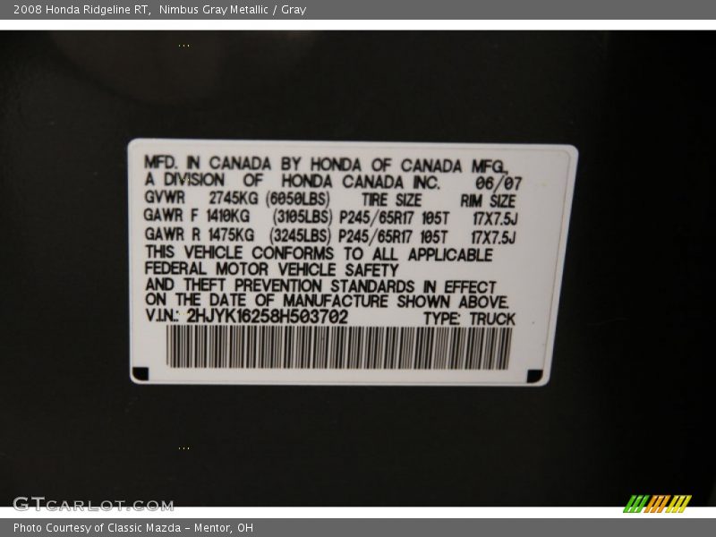 Nimbus Gray Metallic / Gray 2008 Honda Ridgeline RT