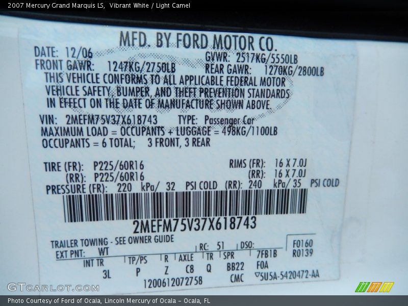 2007 Grand Marquis LS Vibrant White Color Code WT