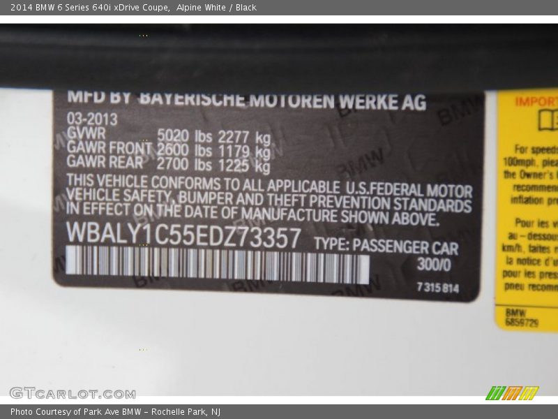 2014 6 Series 640i xDrive Coupe Alpine White Color Code 300