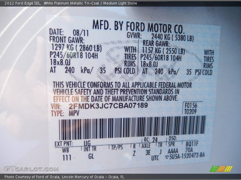 White Platinum Metallic Tri-Coat / Medium Light Stone 2012 Ford Edge SEL