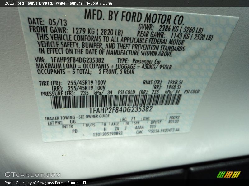 White Platinum Tri-Coat / Dune 2013 Ford Taurus Limited