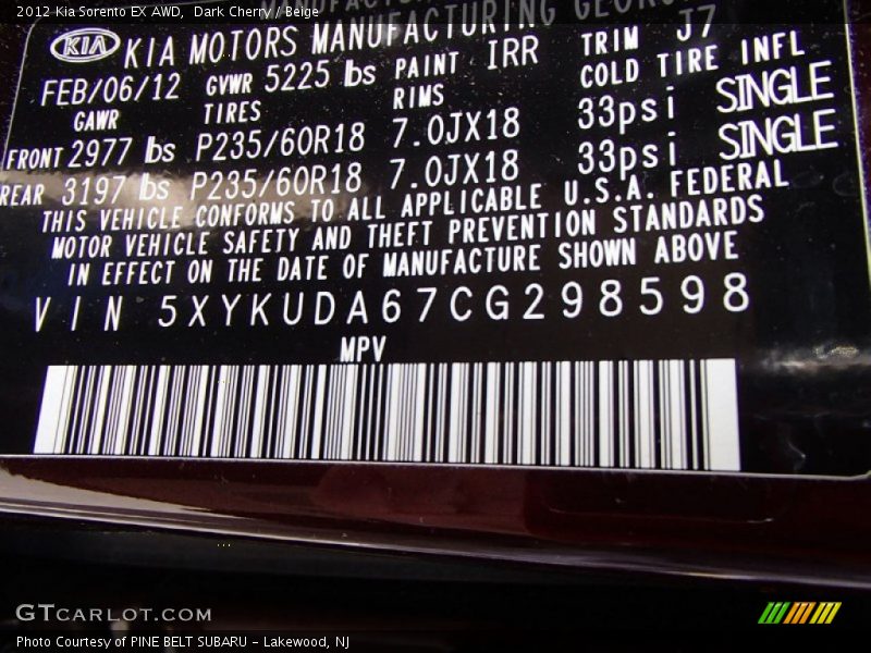 2012 Sorento EX AWD Dark Cherry Color Code IRR
