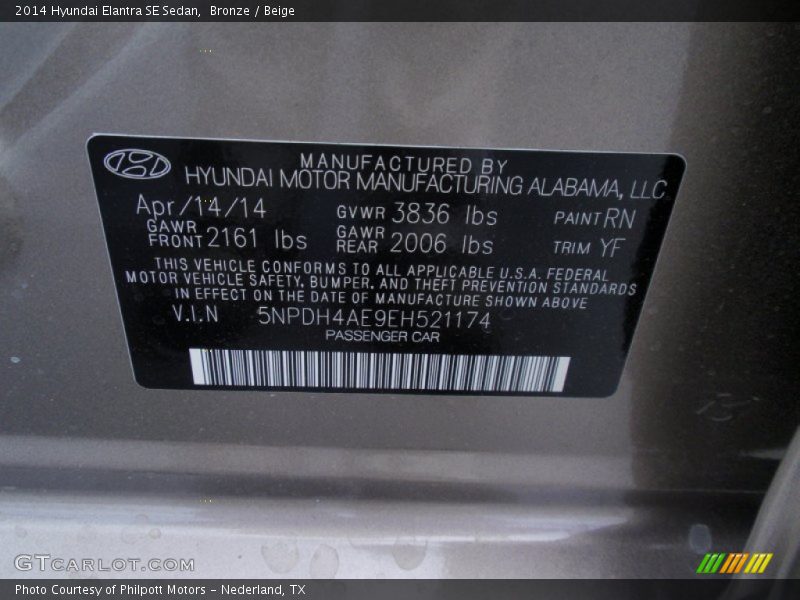 Bronze / Beige 2014 Hyundai Elantra SE Sedan