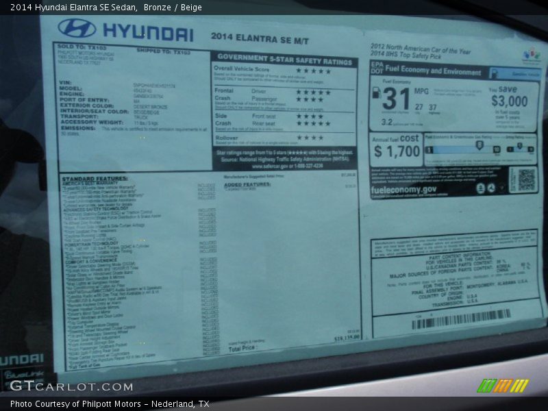 Bronze / Beige 2014 Hyundai Elantra SE Sedan