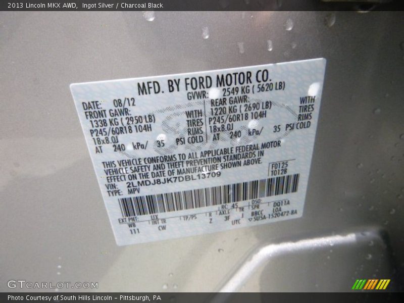 Ingot Silver / Charcoal Black 2013 Lincoln MKX AWD