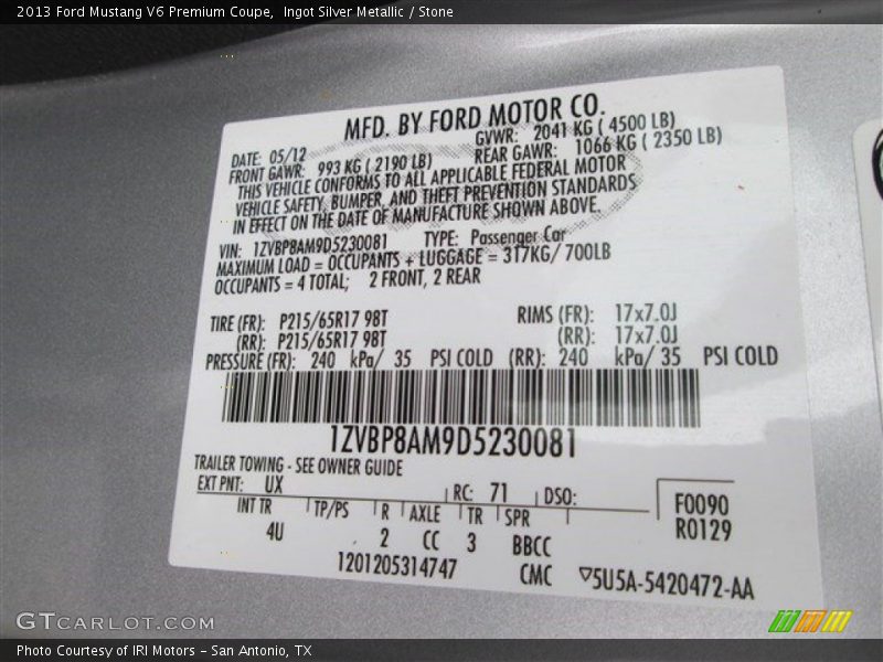 Ingot Silver Metallic / Stone 2013 Ford Mustang V6 Premium Coupe