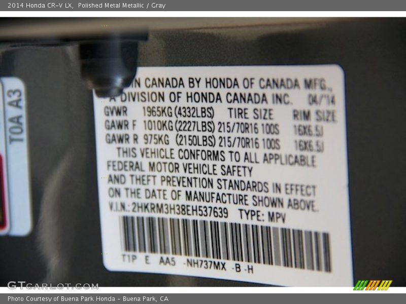 Polished Metal Metallic / Gray 2014 Honda CR-V LX