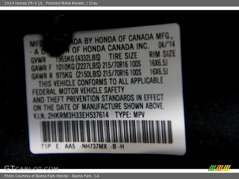 Polished Metal Metallic / Gray 2014 Honda CR-V LX