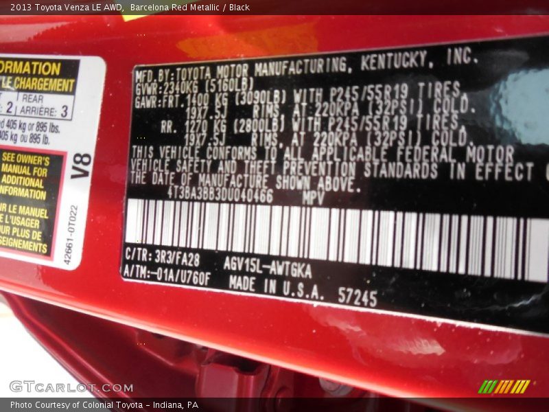 Barcelona Red Metallic / Black 2013 Toyota Venza LE AWD