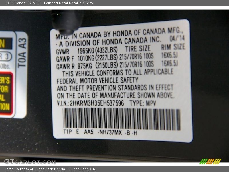 Polished Metal Metallic / Gray 2014 Honda CR-V LX