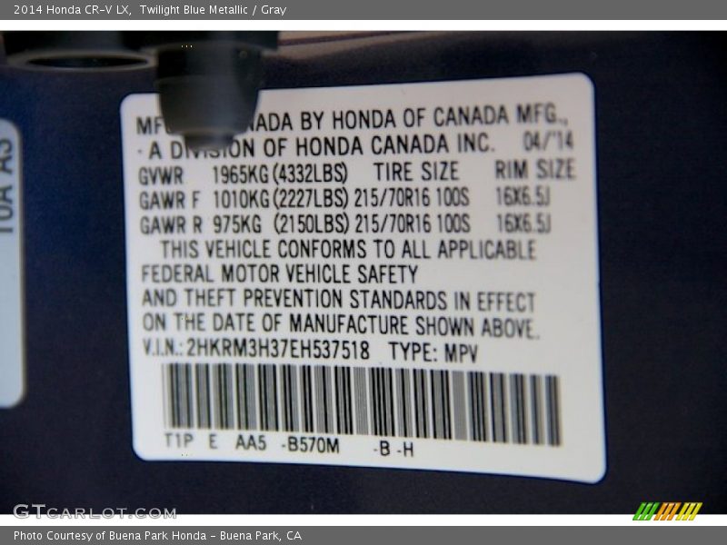 Twilight Blue Metallic / Gray 2014 Honda CR-V LX