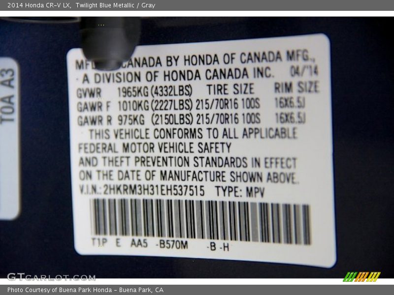 Twilight Blue Metallic / Gray 2014 Honda CR-V LX
