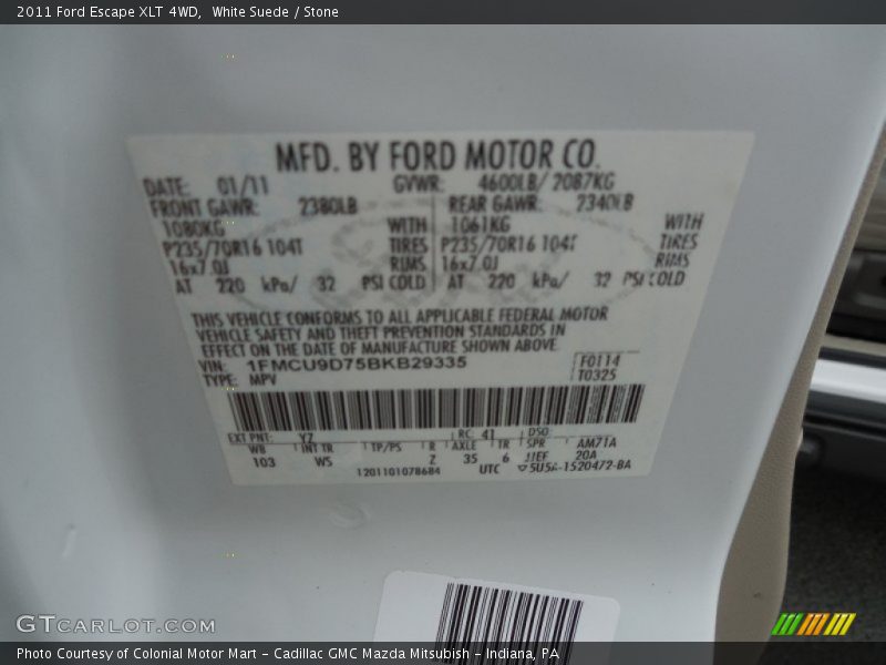 White Suede / Stone 2011 Ford Escape XLT 4WD