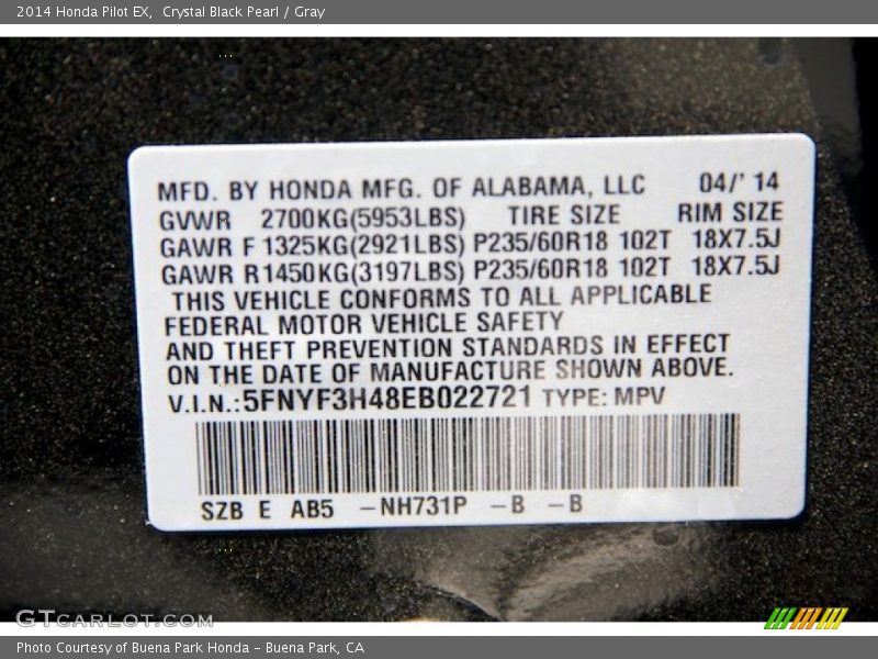 Crystal Black Pearl / Gray 2014 Honda Pilot EX
