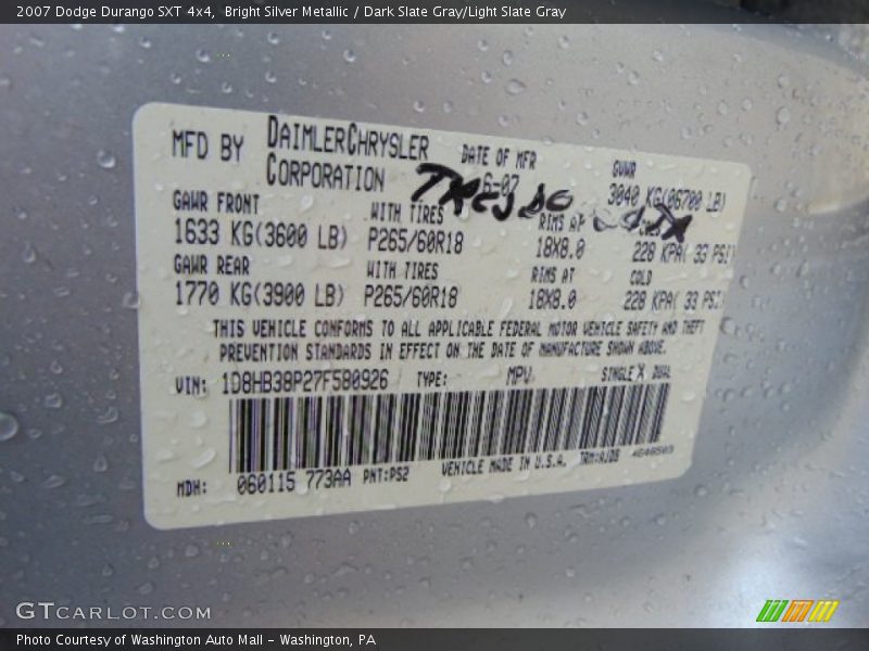 Bright Silver Metallic / Dark Slate Gray/Light Slate Gray 2007 Dodge Durango SXT 4x4