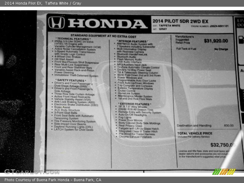 Taffeta White / Gray 2014 Honda Pilot EX
