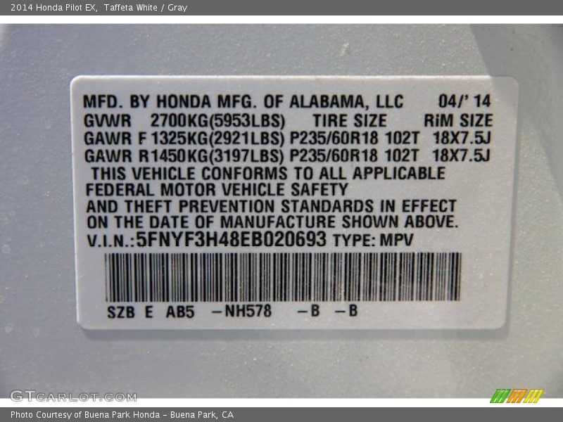 Taffeta White / Gray 2014 Honda Pilot EX