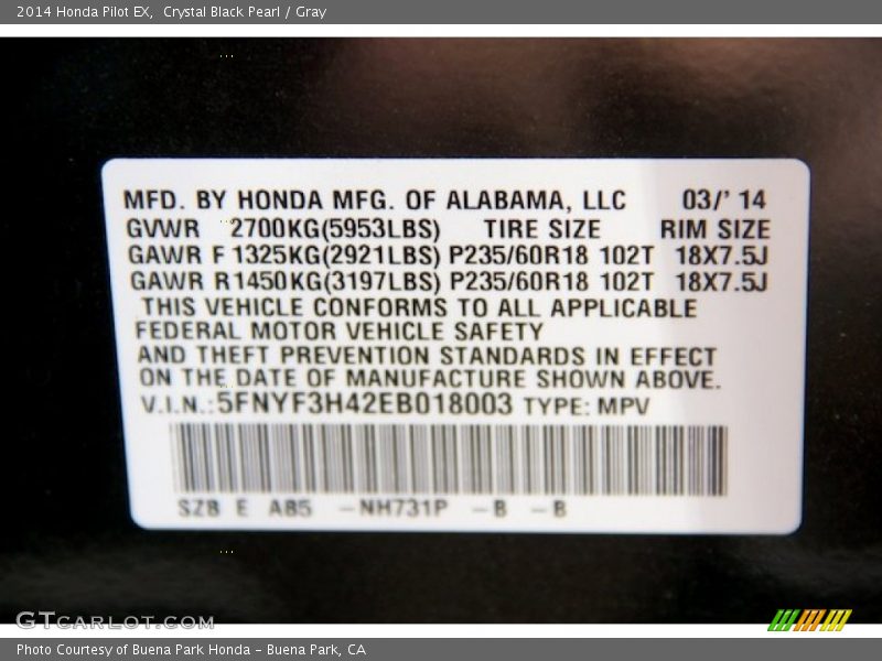 Crystal Black Pearl / Gray 2014 Honda Pilot EX