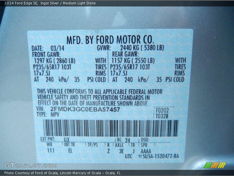 Ingot Silver / Medium Light Stone 2014 Ford Edge SE