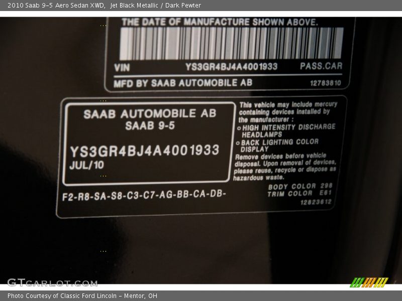Jet Black Metallic / Dark Pewter 2010 Saab 9-5 Aero Sedan XWD