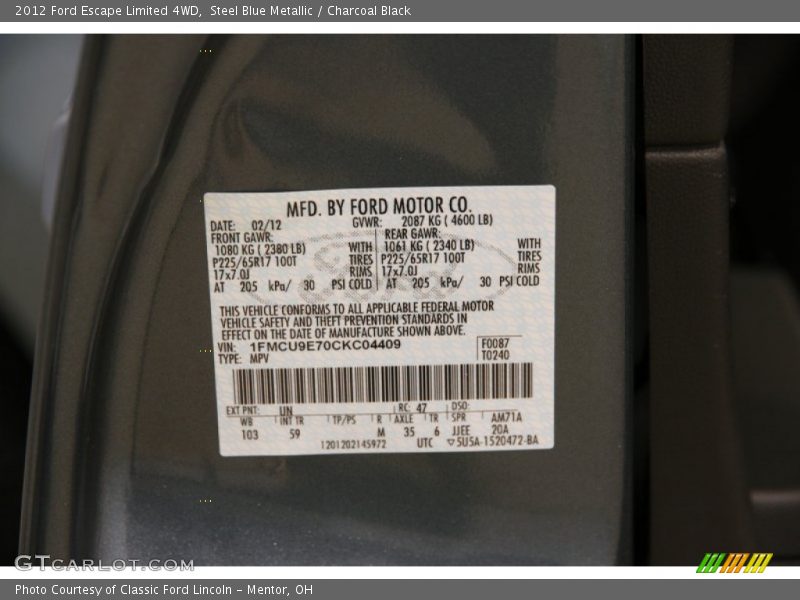 Steel Blue Metallic / Charcoal Black 2012 Ford Escape Limited 4WD