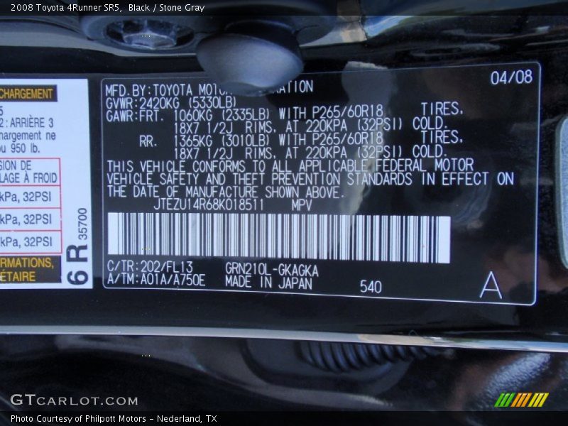 Black / Stone Gray 2008 Toyota 4Runner SR5