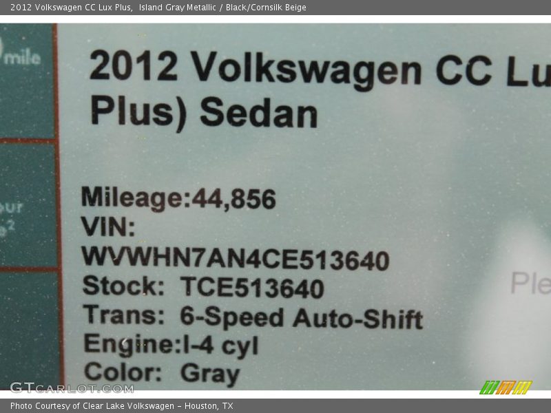 Island Gray Metallic / Black/Cornsilk Beige 2012 Volkswagen CC Lux Plus