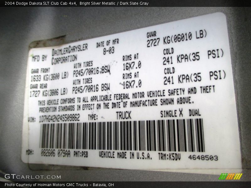 Bright Silver Metallic / Dark Slate Gray 2004 Dodge Dakota SLT Club Cab 4x4