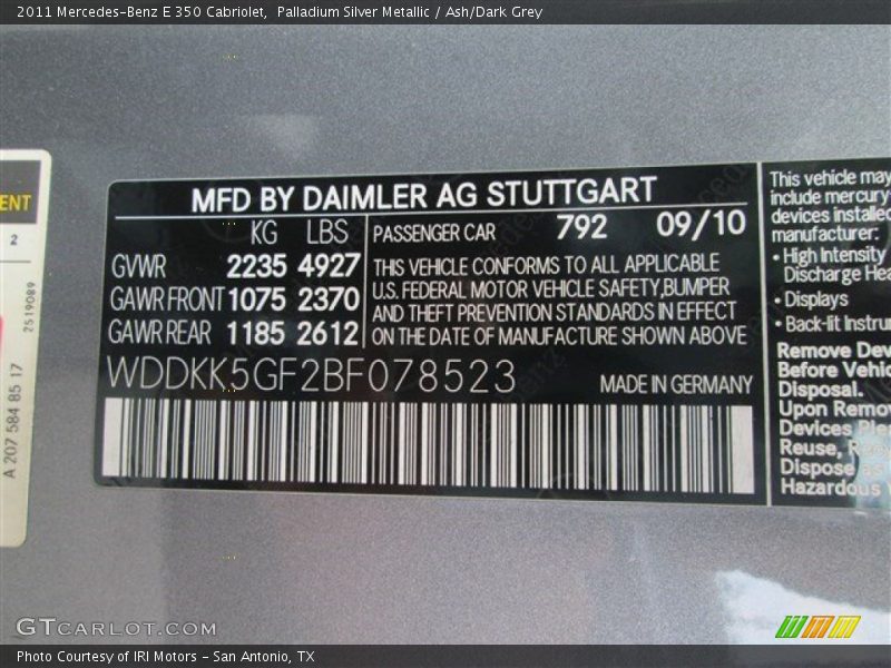 Palladium Silver Metallic / Ash/Dark Grey 2011 Mercedes-Benz E 350 Cabriolet
