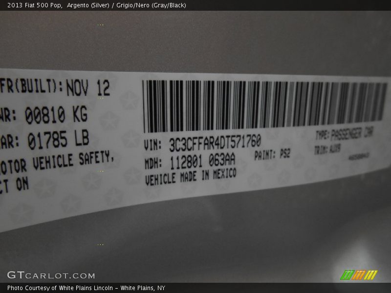 2013 500 Pop Argento (Silver) Color Code PS2