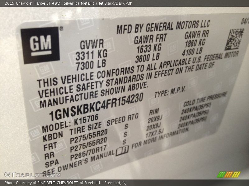 Silver Ice Metallic / Jet Black/Dark Ash 2015 Chevrolet Tahoe LT 4WD