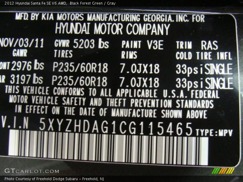 Black Forest Green / Gray 2012 Hyundai Santa Fe SE V6 AWD