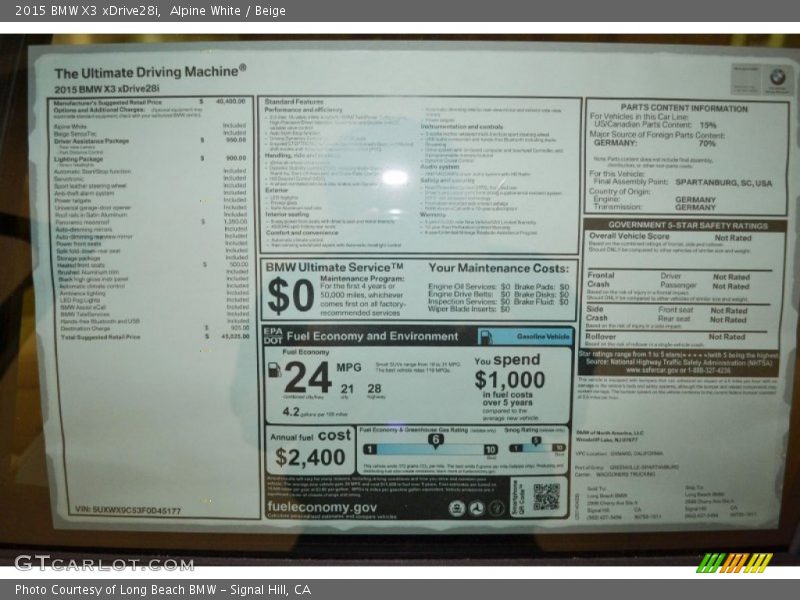  2015 X3 xDrive28i Window Sticker