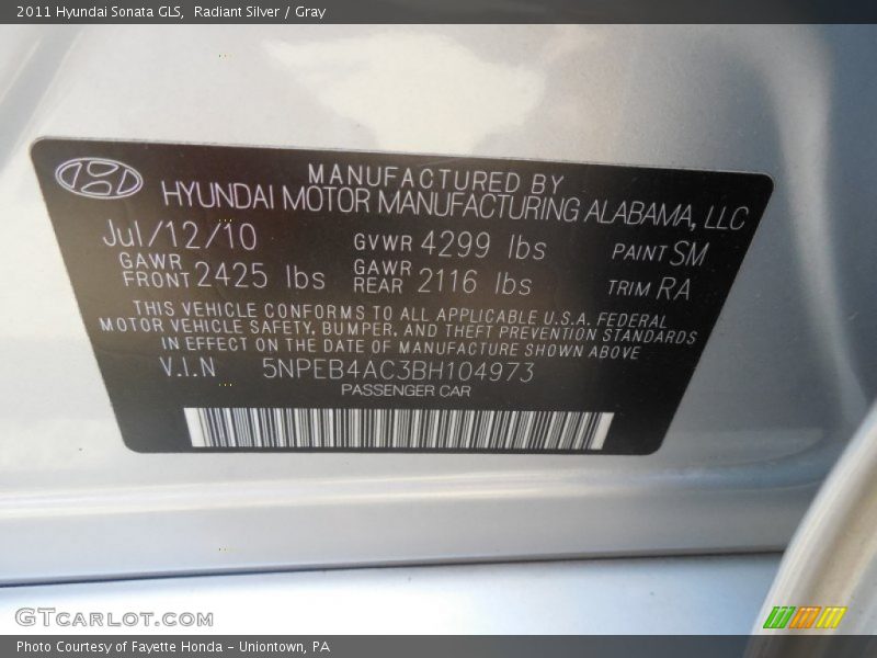 Radiant Silver / Gray 2011 Hyundai Sonata GLS
