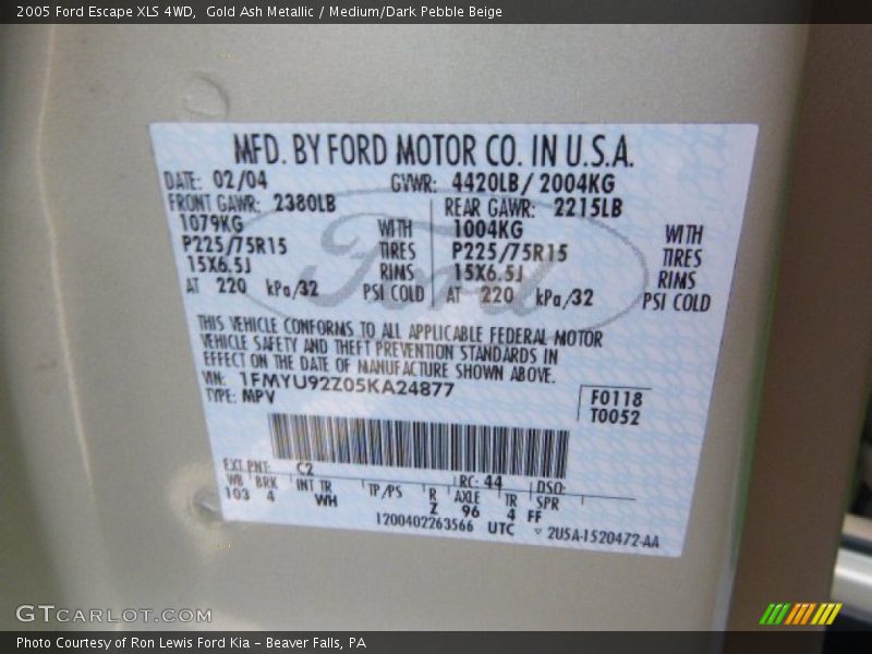 Gold Ash Metallic / Medium/Dark Pebble Beige 2005 Ford Escape XLS 4WD